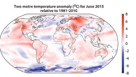 El período de 12 meses hasta junio de 2015 fue 0,3º más cálido que la temperatura media del período 1981 a 2010